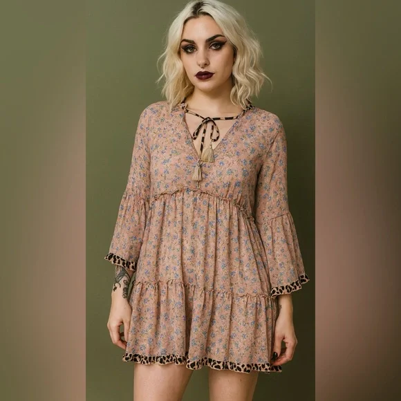 Umgee Leopard Trim Floral Boho Dress Tassel Tie 3/4 Sleeve Cottagecore Large - Picture 2 of 8